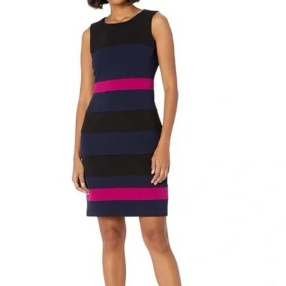 Tommy Hilfiger Scuba Crepe Colorblock Black, Blue, and Pink Striped Dress size 4
